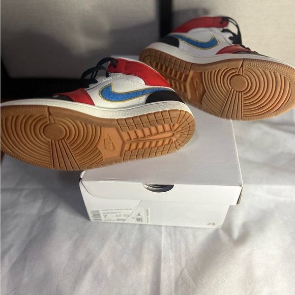 Women’s Air Jordan 1 Mid-Multicolor High-Top Sneakers with Blue Swoosh - Picture 5 of 5